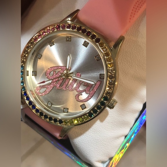 Juicy Couture black label pink silicon strap silver face rainbow dial‎ watch new